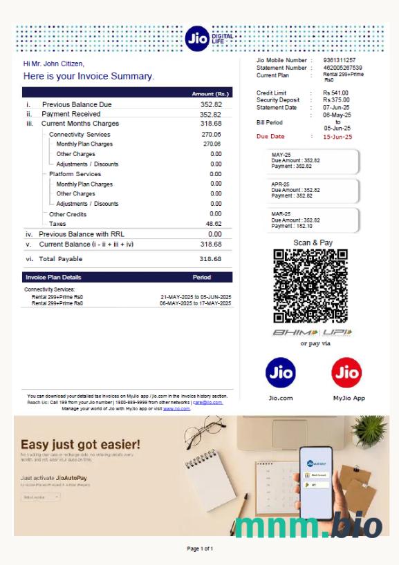 India Jio Digital Life rachunek za media template w formatach Word i PDF, Wersja 2